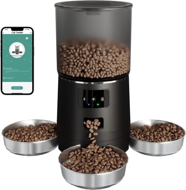 3-Cat Automatic Pet Feeder, 6L WiFi Cat Food Dispenser with APP Control, 1-10 Meal Programmable, Voice Recorder, Smart Alerts, Stainless Steel Bowls for Cats and Small Dogs