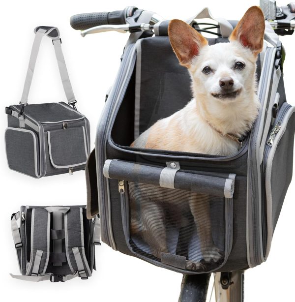 Dog Bike Basket, Mesh Windows, 2 Safety Leashes, Soft Sided, Safe Comfortable Pet Carrier for Small Dogs, Cats